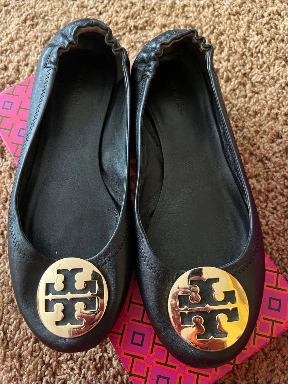 Tory Burch Black Leather Ballet Flat with Gold Logo Medallion